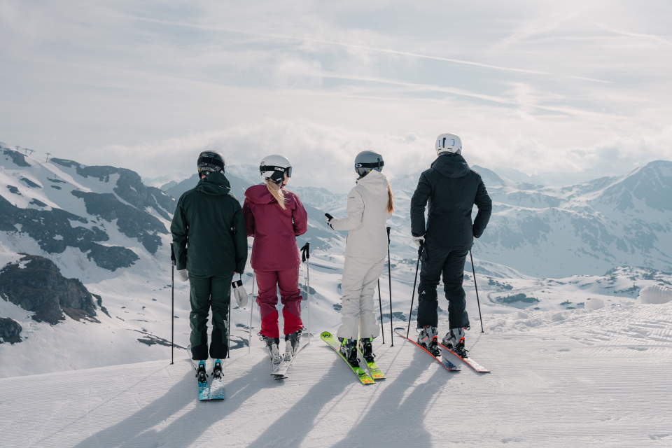 4 Skifahrer stehen am Rand der Piste und sehen auf die Berglandschaft